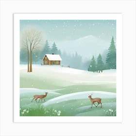 Winter Landscape With Deer Art Print