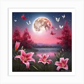 Pink Lilies And Butterflies Art Print