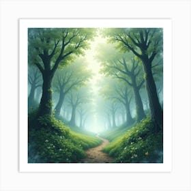 Ancient Forest Shrouded In Mist, Watercolor Painting 1 Art Print