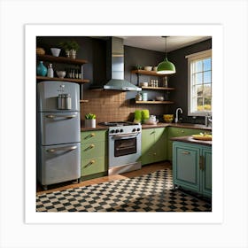 A retro-style kitchen with pastel colors and checkered flooring. Art Print