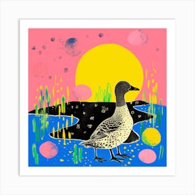 Duckling By The River Linocut Style 1 Art Print