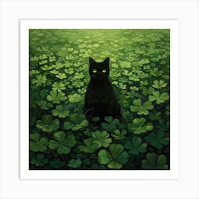 Black Cat In Shamrocks Art Print