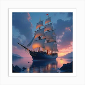 Majestic Galleon In Watercolor Tranquil Twilight 1 Art Print