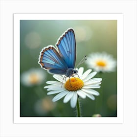 A Beautiful Blue Butterfly Landing On A Daisy 1 Art Print