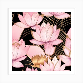 Pink Lotus On Black Background Art Print