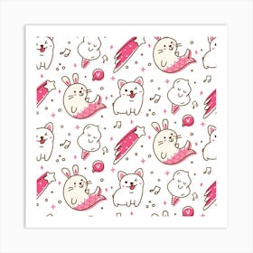 Cute Animals Seamless Pattern Kawaii Doodle Style Art Print