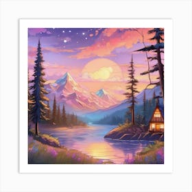 Cabin In The Mountains watercolor Art Print