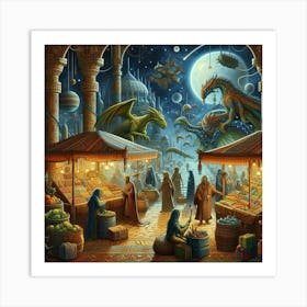 Dragons At The Market Art Print