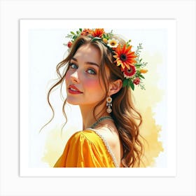 Beautiful Greek Woman In Watercolor, With The Vibrant Colors Of A Summer Festival 1 Art Print