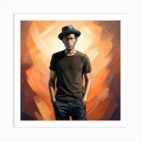 Man In Black T Shirt And Fedora Standing Against A Yellow Background Art Print