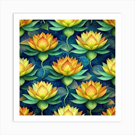 Seamless Pattern Of Watercolor Orange Lotus Flowers Art Print