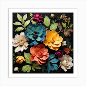 Paper Flowers On A Black Background Art Print