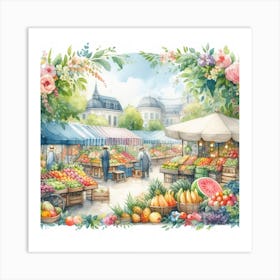 Fresh and Colorful - Watercolor Painting of a Market with Produce and Vendors Art Print