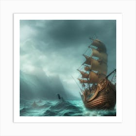 Viking Ship In Stormy Sea Art Print