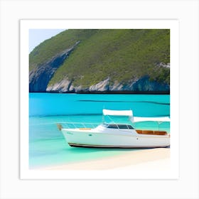 White Boat On The Beach Art Print