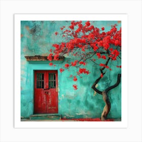 Red Tree In Front Of House Art Print