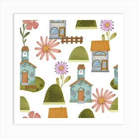 Cottages And Flowers seamless pattern Art Print