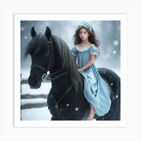 Little Girl Riding A Black Horse Art Print
