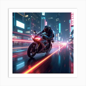 Super Bike Racing Through A Cyberpunk City With Glowing Neon Streaks 1 Art Print