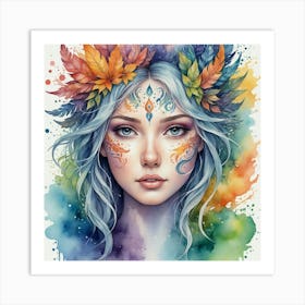 Watercolor Girl With Leaves Art Print