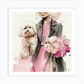 Watercolor Of A Girl With A Dog Art Print