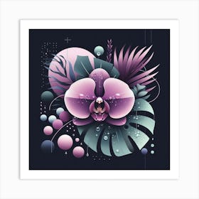 Scandinavian style, Purple orchid flower on tropical leaves 1 Art Print