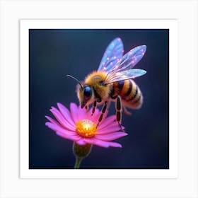 A Whimsical Bee With Wings Of Cascading, Neon Light Hovering Over A Mystical Flower Art Print