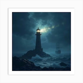 A Magical Lighthouse Guiding Ships Through A Stormy Night 1 Art Print