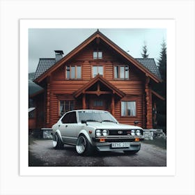 A 1981 White Toyota Corolla Gli Twin Cam With Full Body Kit In Front Of A Cabin House 1 Art Print