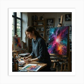 Young Woman Paints In Her Studio Art Print