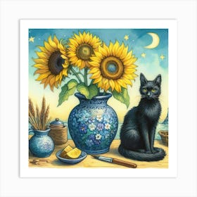 Black Cat With Sunflowers watercolor pestel painting Vase With Three Sunflowers With A Black Cat, Van Gogh Inspired Art Print/ 1 Art Print
