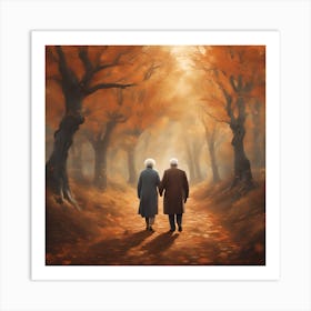 Old Couple Walking In The Forest Art Print