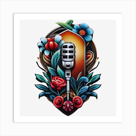 Microphone And Roses Art Print