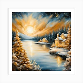 Winter Night By The Lake Art Print