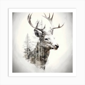 Deer In The Woods Double Exposure Art Art Print