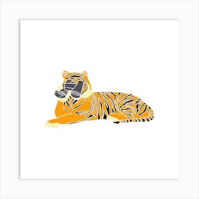 Tiger With Binoculars Hunting Prey, Fun Safari Animal Print, Square Art Print