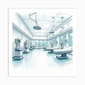 Modern Hospital In Watercolor, With Clean Lines And Advanced Medical Equipment Art Print