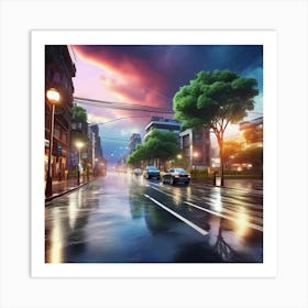 Beautiful city after rain, water over the roads, street lights fading away, street view, highly realistic and aesthetic view Art Print