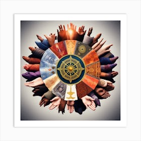 The Image Portrays A Diverse Group Of Hands Holding Symbols Representing Different Religions And Beliefs, Arranged In A Circle To Promote Unity And Understanding Art Print