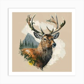 Captivating Stag Tattoo Design: Majestic Wildlife Art with Moss-Adorned Antlers, Wisdom-Gazing Eyes, and Nature-Inspired Background Art Print