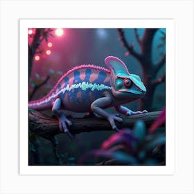 A Futuristic Chameleon With Holographic Scales Blending Into A Neon Lit Jungle Art Print