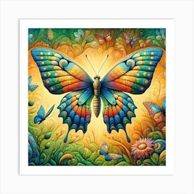 Title: "Kaleidoscope Awakening"  Description: "Kaleidoscope Awakening" is a vivid tapestry of nature, showcasing a radiant butterfly with intricately patterned wings that celebrate the diversity of life. The artwork is a symphony of vibrant hues, with each color blending seamlessly into the next, against a backdrop of flourishing flora. This visual feast is an homage to transformation and growth, making it an ideal piece for spaces that embrace nature, vitality, and the art of metamorphosis. Art Print