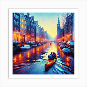 Into The Water A Kayaking Adventure Through Amsterdam S Canals At Dawn Style Neon Urban Impressionism (1) Art Print