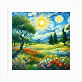 A Sunny Day in A Meadow With Wildflowers, Mountain, and Hills Art Print