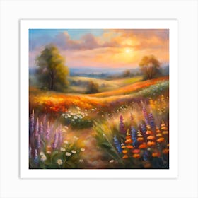 Printable Wildflower Field Landscape Oil Painting, Vintage Farm House, Country Field Landscape Oil Painting Printable 2 Art Print