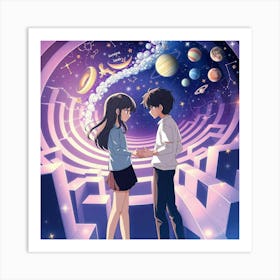 Girl And A Boy In Space Art Print