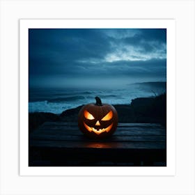 Jack O Lantern With A Glaring Eye Atop A Wooden Table On A Skittish Misty Coastline During Dusk S (7) Art Print