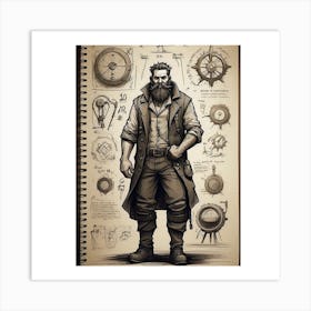 AThe image depicts a man with a long beard and a hat, wearing a brown coat and vest, standing in front of a notebook with various diagrams and illustrations. Art Print