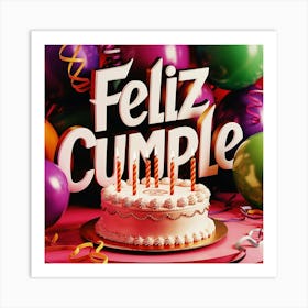 Feliz cumple and Feliz cumpleaños sign means Happy Birthday in Spanish language, Birthday party celebration gift with birthday cake candle colorful balloons best congratulation over light background wall artFeliz Cumple 39 Art Print