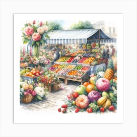 Lively and Charming - Watercolor Painting of a Flower and Fruit Market 1 Art Print